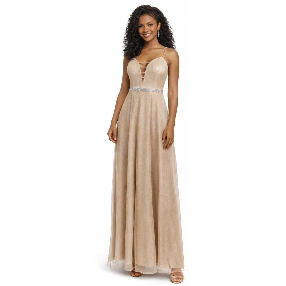CITY TRIANGLES Champagne Shimmer Prom Dress Size 13 Rhinestone Waist Formal Gown
